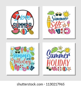 Set of doodle fun summer holidays cards design. Hello summer hand drawn style vector illustration