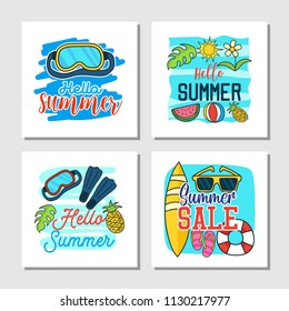 Set of doodle fun summer holidays cards design. Hello summer hand drawn style vector illustration