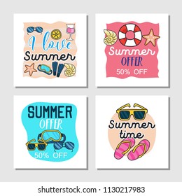 Set of doodle fun summer holidays cards design. Hello summer hand drawn style vector illustration