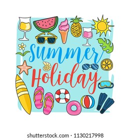 Set of doodle fun summer holidays cards design. Hello summer hand drawn style vector illustration