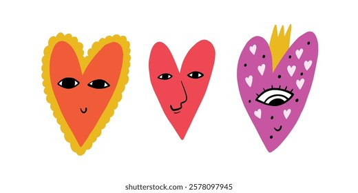 Set Doodle Funky Y2K Heart Colorful Sign. Valentine Love Shape Collection. Abstract Hand Drawn Vector Isolated Illustration