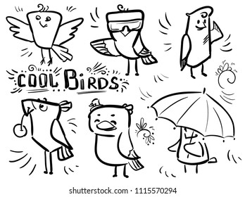 Set doodle funny birds Cool birds