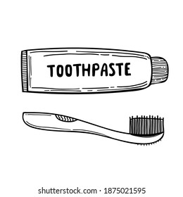 set of doodle Funny cartoon toothpaste, toothbrush - vector. isolated black white. Vector icon of toothbrush