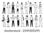 Set of doodle funny characters, diversity people in different activities. Businessmen, office workers, woman with baby. Man and woman. Vector illustration