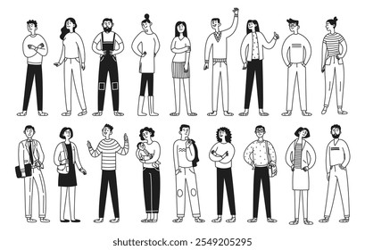 Set of doodle funny characters, diversity people in different activities. Businessmen, office workers, woman with baby. Man and woman. Vector illustration