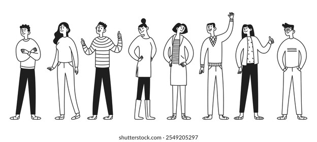 Eine Reihe lustiger Figuren aus Doodle, Diversity-Menschen. Mann und Frau, volles Wachstum. Schwarz-Weiß-Vektor