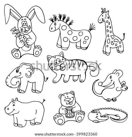 set of doodle funny and cute animals.rabbit, horse, giraffe, hippopotamus, elephant, mouse, crocodile, bear, cat