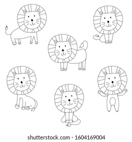 Set Of Doodle Funny And Cute Lion.