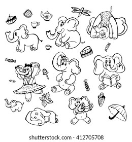 set of doodle funny elephants. Elephant with ice cream, sleep