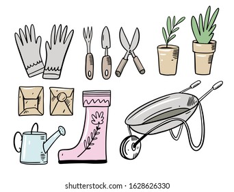 Set doodle garden elements. Vector illustration in cartoon style. Isolated on white background.