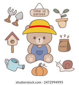 Set of doodle gardening bear