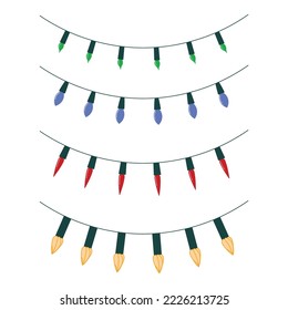 Set of doodle garland. Christmas lights. Holiday festive xmas decoration. Colorful string fairy light set. Lightbulb glowing garland. Flat design. White background. Isolated. Vector doodle illustrtion