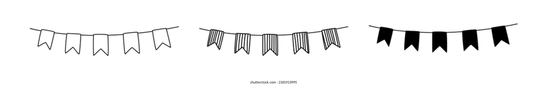 Set of doodle garland with flags. DIY garland for the holiday. Home party decoration. Vector hand drawn illustration isolated.
