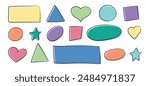Set of doodle geometric shapes in childish style. Different hand drawn doodle quote frames. Square, circle, triangle, star, heart shape. Vector illustration