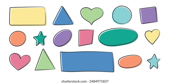 Satz von doodle geometrische Formen im kindischen Stil. Unterschiedliche handgezeichnete Doodle-Zitat-Rahmen. Quadrat, Kreis, Dreieck, Stern, Herzform. Vektorillustration