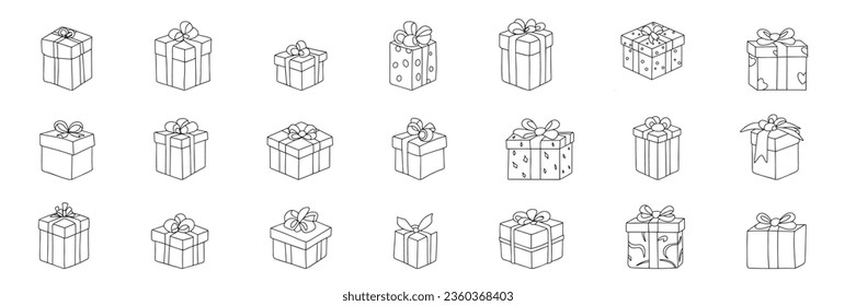 Set of doodle gift box. Hand drawn collection of present boxes. Vector illustration.