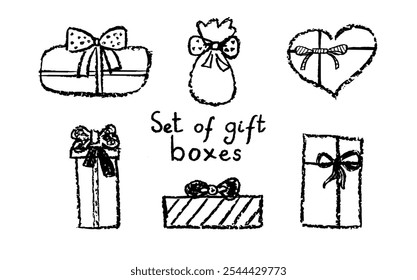Set von Doodle Geschenkboxen mit Schleife. Einfache Linienelemente Sammlungszeichnung mit schwarzem Stift. Skizze stile minimalistische Schleife. Kinder Kunst pastellfarbene Handzeichnung Schleife der Schnur. Vektorgrafik.
