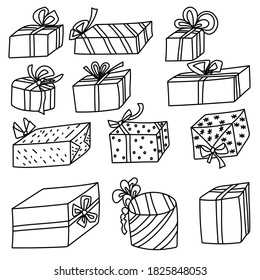 Set of doodle gift boxes with bows of various shapes and sizes, presents coloring page in isometric, vector outline illustration for design and creativity