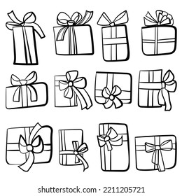 Set of doodle gift boxes with bows, party supplies outline vector illustration