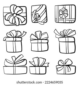 Set of doodle gift boxes with bows, party supplies outline top and side view