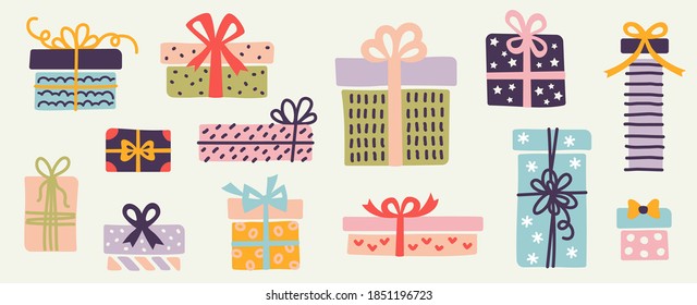 Set of doodle gift boxes, colorful silhouettes with bow and ribbons isolated on white background. Wrapping paper patterns, kids drawing sketch style