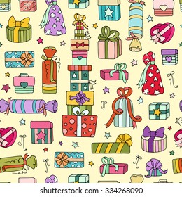Set of doodle gift boxes for your designs ( party, wedding celebration). Collection of cartoon presents with hearts, bow, ribbon, stars. Vector seamless pattern for wallpaper, surface kid textures.