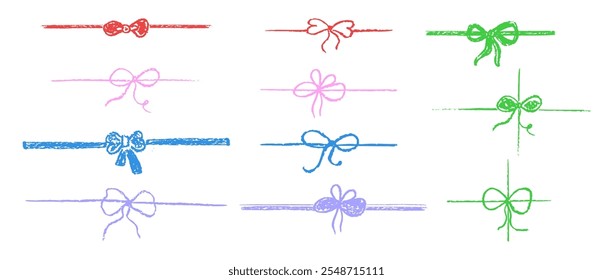 Set of doodle gift ribbon bow. Simple line elements collection drawing by color crayon. Sketch stile minimalistic ribbon bow. Children art pastel handdrawing loop of cord. Vector illustration.