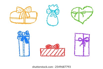 Set of doodle gift ribbon bow. Simple line elements collection drawing by color crayon. Sketch stile minimalistic ribbon bow. Children art pastel handdrawing loop of cord. Vector illustration.