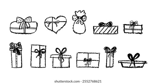 Conjunto de lazo de cinta de regalo doodle. Dibujo de colección de Elementos de línea simple por crayón negro. Boceto de lazo de cinta minimalista. Arte de los niños pastel dibujo a mano bucle de cordón. Ilustración vectorial.