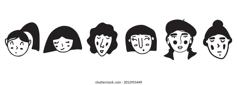 Set of doodle girl faces. Black and white vector isolated illustration logo. Collection. Curly, in a beret, with a ponytail, with a bob haircut. Serious, surprised, gloomy, smiling girls