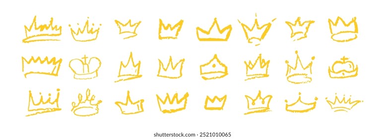 Set of doodle gold crowns drawn by wax pencil. Yellow royal headwear in graffiti style. Vector illustration. Collection of hand drawn luxury doodle kid elements for rock or hip hop music poster design