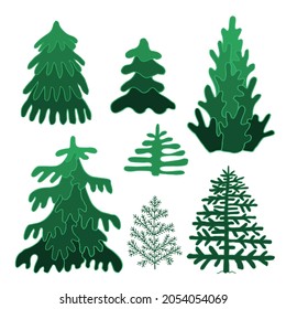 Conjunto de dibujo de línea de abeto de árbol verde doodle. Ilustración de vector dibujada a mano. Pino forestal. Esbozo simple de gráficos navideños de invierno. Elementos de diseño aislados.