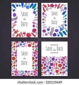 Set of doodle greeting card templates. For design of invitations to birthday, save the date, wedding, marriage, bridal, Valentine's day. Doodle colorful flowers and branches. Vector illustration