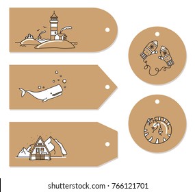 Set of doodle greeting tag. Vector hand drawn cute icons. Scandinavian style. Lighthouse, mountains, mittens, cat, whale, mountains, sea, house.