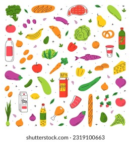 Set of doodle groceries: vegetables, fruits, meat, bread, milk, oil, fish. Healthy food. Grocery store. 