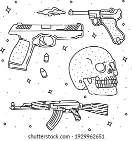 Set Of Doodle Gun . Gun Doodle Style