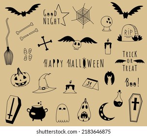 Set of doodle halloween elements. Collection of hand drawn magical items, bats. Happy halloween holiday stickers