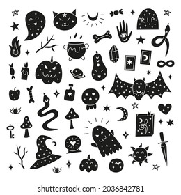 Set of doodle Halloween icons including pumpkins, bat, witch hat, ghost, snakes, gravestone, hands, sun, moon, mushrooms, bones, scull, candles, etc isolated on white background.