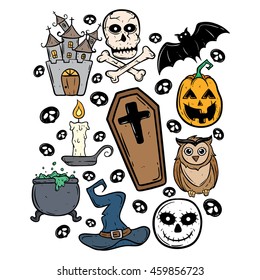 Set of doodle halloween icons with pumpkin, bat, owl, castle, cauldron, ghost and witch hat