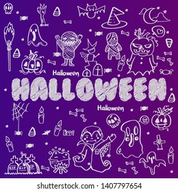 Set doodle Halloween vector illustration cartoon cute art happy holiday