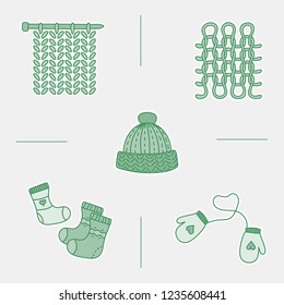 Set of doodle hand draw bages of wool knitted squares and knitting wear. Simple knit or tailor emblem design. Wool handmade shop logo or icon for masters.