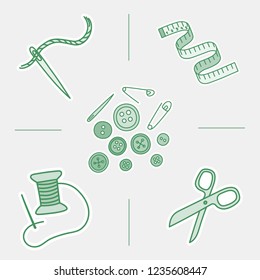 Set of doodle hand draw bages tailor stuff: scissors, needles, buttons. Simple knit or tailor emblem design. Wool handmade shop logo or icon for masters.