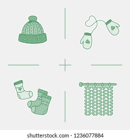 Set of doodle hand draw bages of wool knitted square, mittens, cap and socks. Simple knit or tailor emblem design. Wool handmade shop logo or icon for masters.