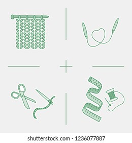 Set of doodle hand draw bages of wool knitted square, knitting needles and tailor stuff. Simple knit or tailor emblem design. Wool handmade shop logo or icon for masters.
