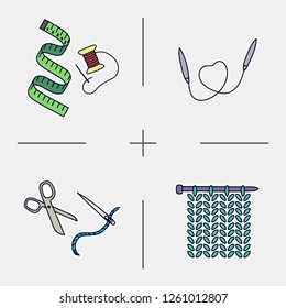 Set of doodle hand draw color bages of wool knitted square, knitting needles and tailor stuff. Simple knit or tailor emblem design. Wool handmade shop logo or icon for masters.