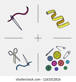 Set of doodle hand draw color bages tailor stuff: scissors, needles, buttons. Simple knit or tailor emblem design. Wool handmade shop logo or icon for masters.