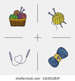 Set of doodle hand draw color bages. Basket with wool yarn and knitting needles. Simple knit or tailor emblem design. Wool handmade shop logo or icon for masters.