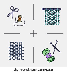 Set of doodle hand draw color bages of tailor and knitting stuff. Simple knit or tailor emblem design. Wool handmade shop logo or icon for masters.