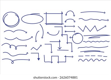 Set of doodle hand draw highlight, arrows, text underline strokes and marks. Brush doodle shape for message and notes. Collection of sketch elements of circles, ellipses, rectangles, square