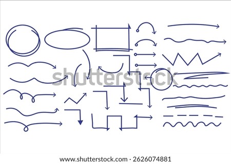 Set of doodle hand draw highlight, arrows, text underline strokes and marks. Brush doodle shape for message and notes. Collection of sketch elements of circles, ellipses, rectangles, square